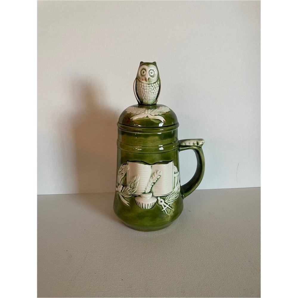 Bohemian Grove Style Green Ceramic Mug Owl Lid Decorative Stein Home Art